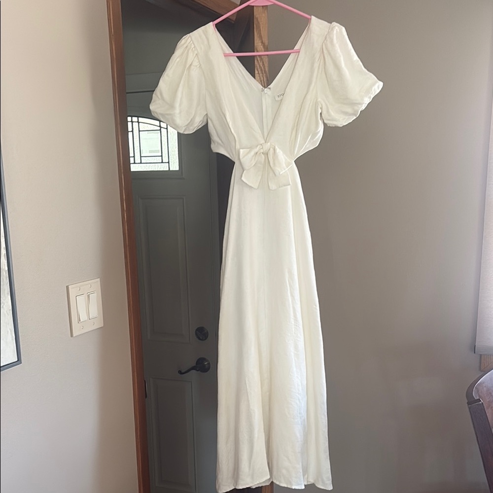 White Puff Sleeve Tie-Front Maxi Dress